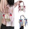 Beach Woven Straw Pearl Beaded Chain Crossbody Bag with Cute Bowknot Top Handle Ruffle Lace Bucket Handbag for Vacation  Pink