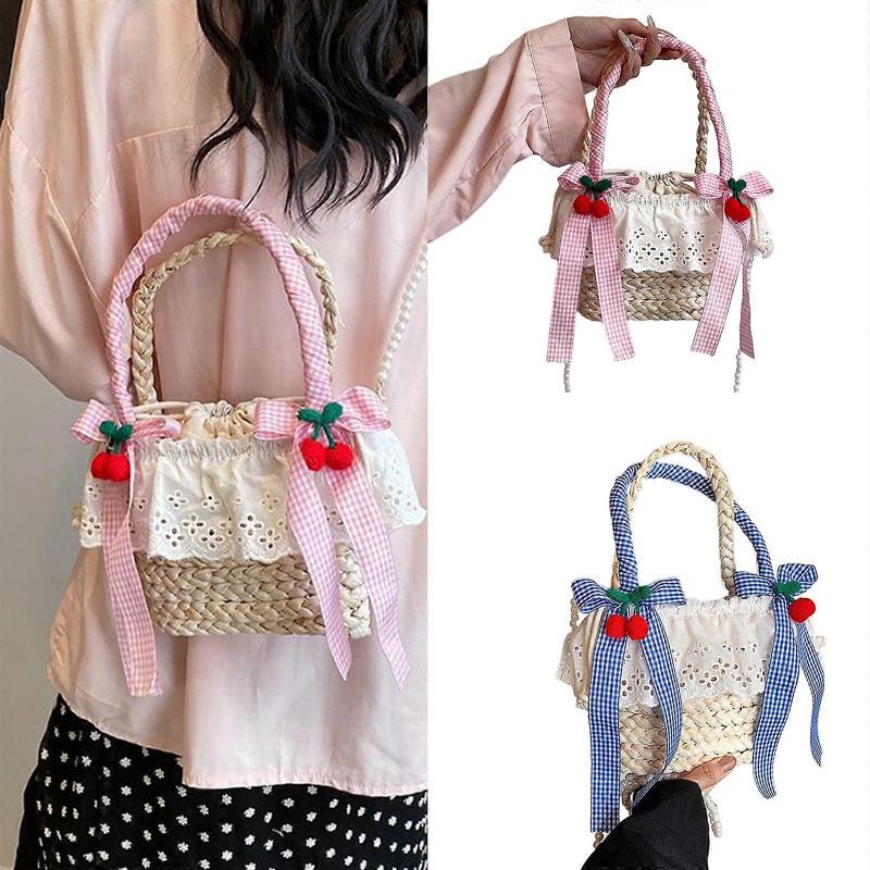 Beach Woven Straw Pearl Beaded Chain Crossbody Bag with Cute Bowknot Top Handle Ruffle Lace Bucket Handbag for Vacation  Pink