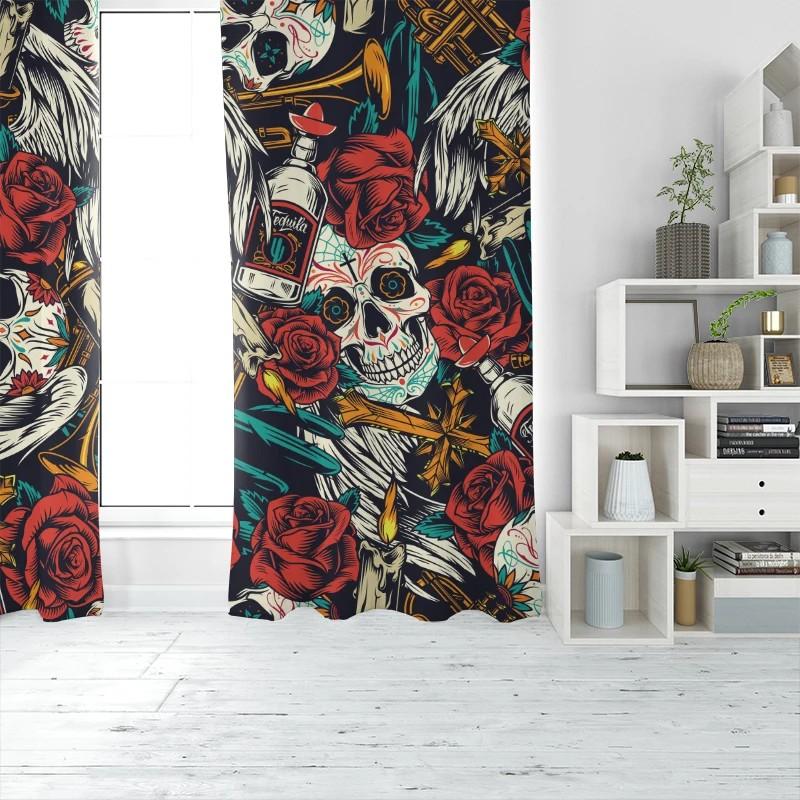 Light Blocking Floral Skull Printed Curtain Design Polyester Halloween Window Decor Gothic Home Set Of 2 Made With Rod Pocket Washable