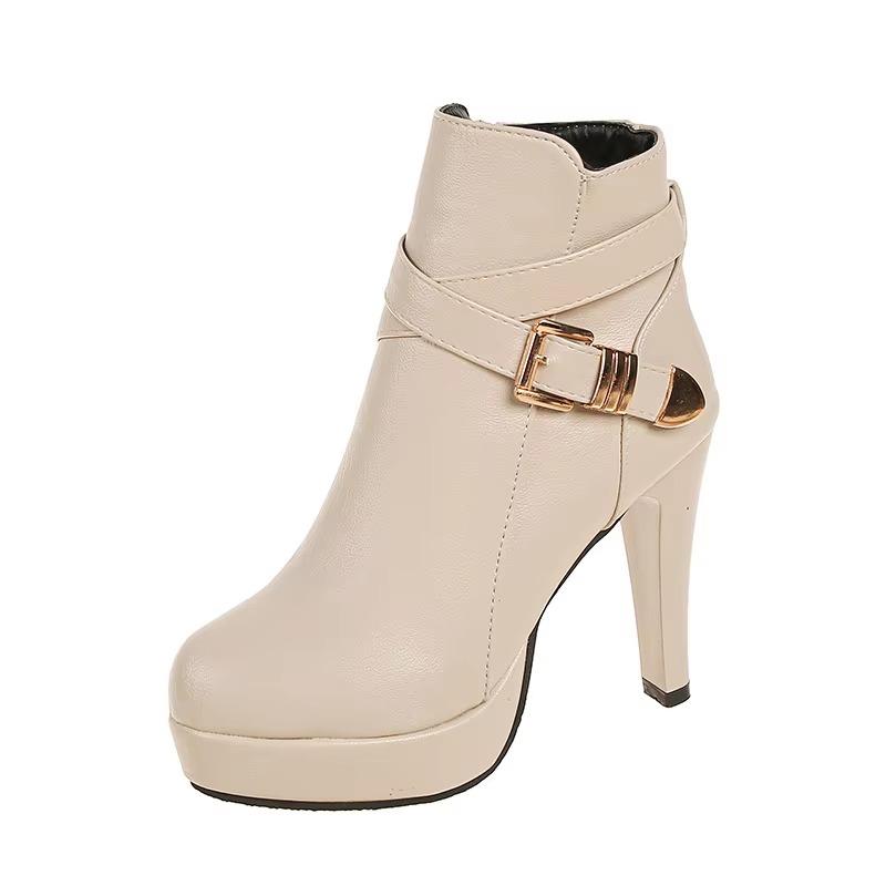 Fashion Spring Autumn New European American Women Pumps Fashion Belt Buckle Sexy Leather Boots Side Zipper High Heels Shoe Zapatos Mujer