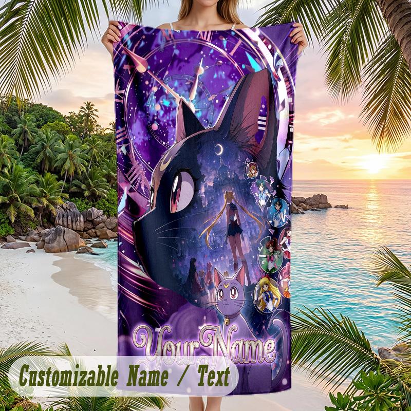Sailor Moon Beach Towel, Personalized Custom Name Text, Quick Dry Large Absorbent Towel For Beach Pool