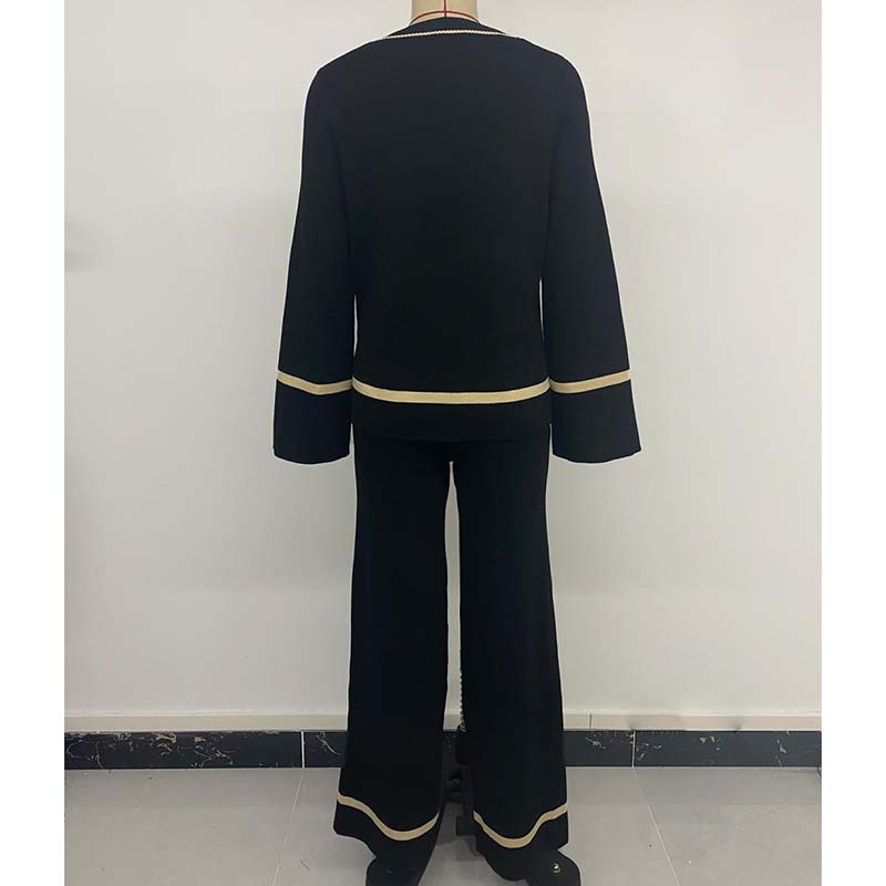 Women's Color Collision Fashion Casual Suit Autumn Winter V-neck Long Sleeve Pullover High Waist Wide Leg Pants Two Pieces Sets