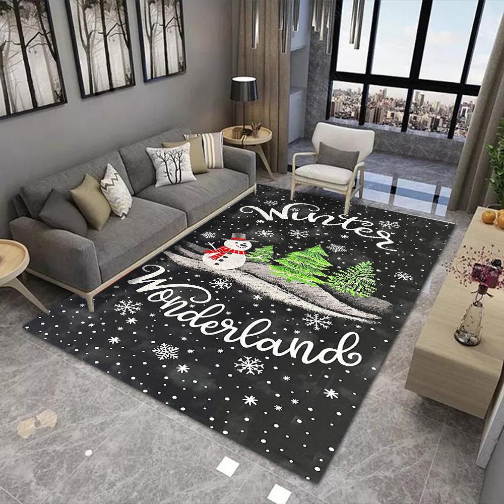 Christmas Themed Area Rug Snowman Christmas Tree Hot Chocolate Patterns with Snowflake Designs Soft Carpet for Living Room