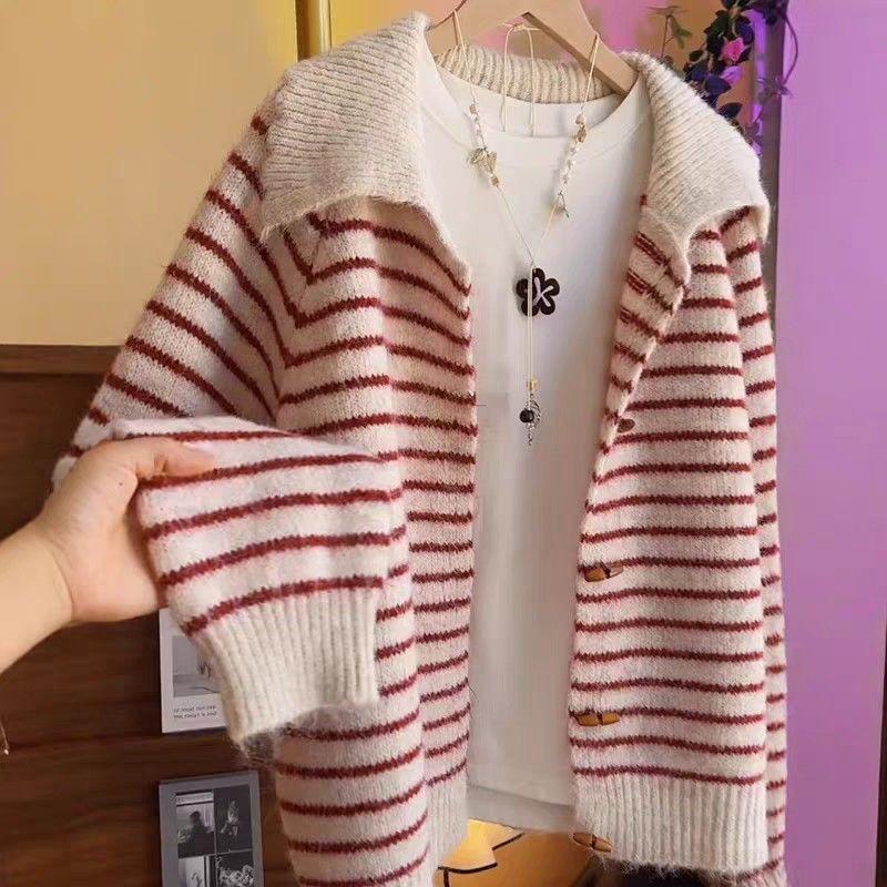 WTEMPO Women's Retro Striped Lapel Long Sleeved Knitted Sweater Loose Sweater Cardigan