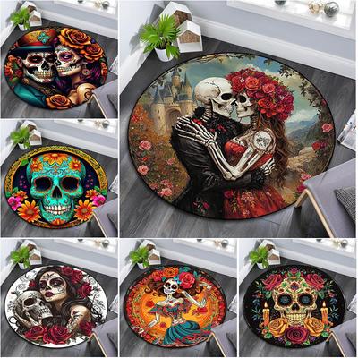 1Pc Day of the Dead Circular Print Rug - Home Decoration Carpet For Living Room Bedroom Flooring Computer Chair Area Rug
