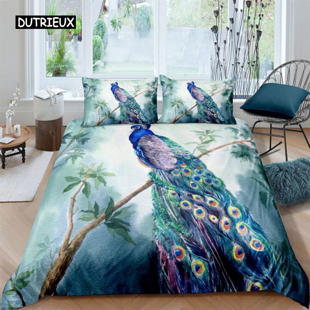 Luxury Pink Peacock Duvet Cover Floral Bedding Set Retro Peacock Feather Theme Comforter Cover for Bedroom