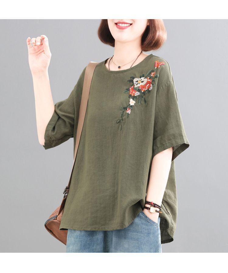 Women's Retro Korean Style Plus Size Embroidered Cotton Linen T-Shirt