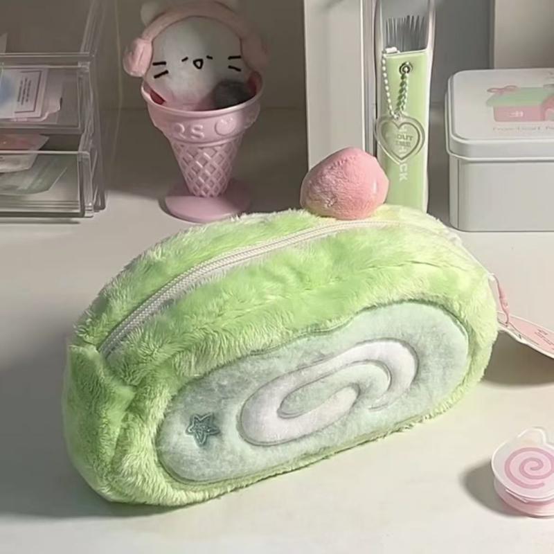 Cute Melon Swiss Roll Plush Coin Purse & Makeup Bag – Large Capacity Stationery Storage for Students, Ins Style