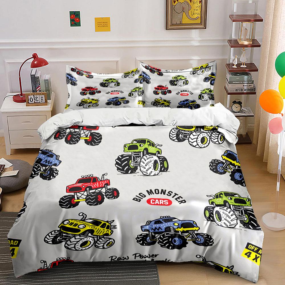 Big Monster Truck Pattern Bedding Duvet Cover Set Duvet Cover Pillowcases (1*Duvet Cover 2*Pillowcases, Without Duvet Insert)
