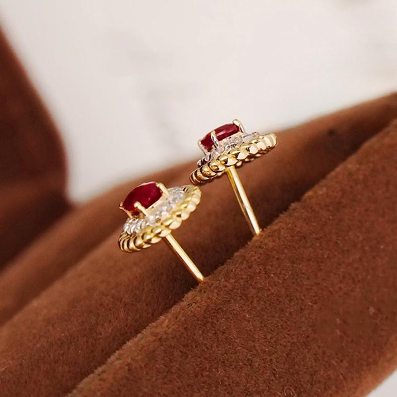 Huitan Luxury Two Tone Stud Earrings for Women Wedding Engagement Elegant Fancy Red Oval Cubic Zirconia Royal Party Jewelry Gift