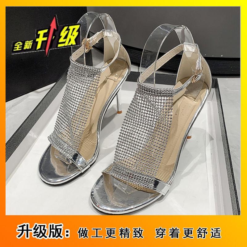 

Golden banquet shoes open-toed sexy high heels 2025 summer rhinestone fashion fashion sandals women s one-button stiletto 40