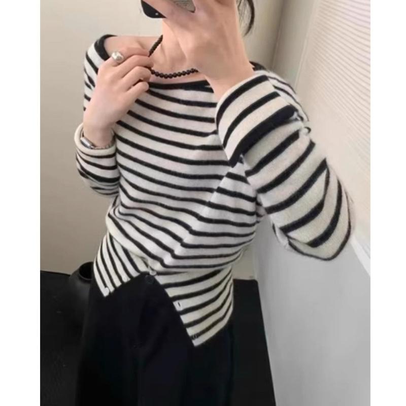 Elegant Loose Slanted Shoulder Knitted Pullover Striped Sweater Casual Gentle Autumn Women Fashion Long Sleeve Tops Loose Casual Office Thin Clothing