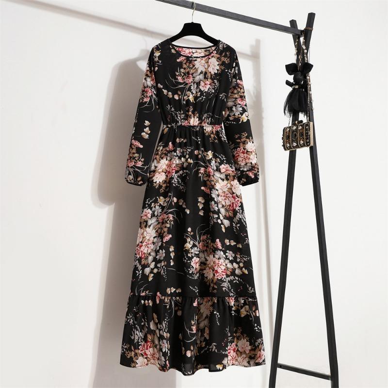 Fashion Long Sleeve Floral Printed Chiffon Dress Women Elegant Loose A-line Casual Long Dress Female High Waist Ruffled Office Lady Dress 1030