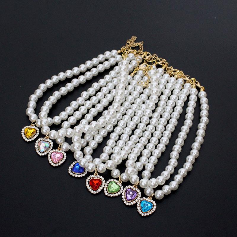 Fashion cat and dog pet pearl necklace accessory colorful love diamond pendant cat cat dog neck chain cute