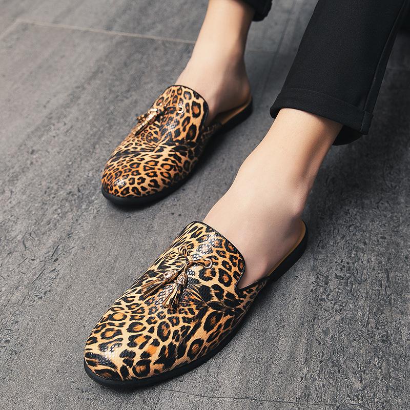 Summer Men Leather Casual Shoes Leopard Print Men's Mules Slippers Breathable Males Sandals Slip-on Half Loafers Zapatos Hombre