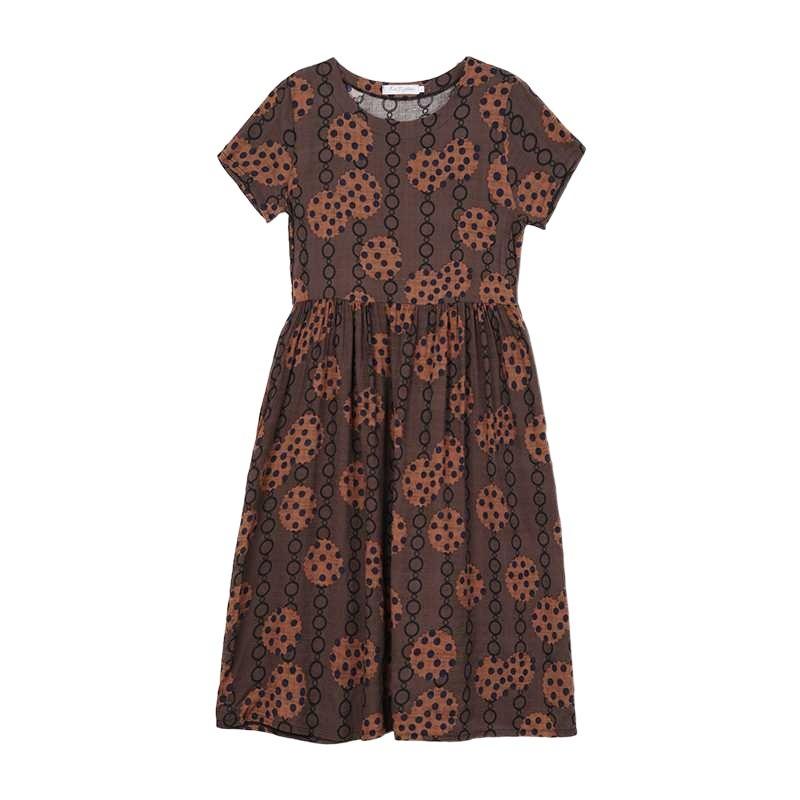 2025 Summer New Retro Literary Loose Round Neck Short Sleeve Midi Dresses
