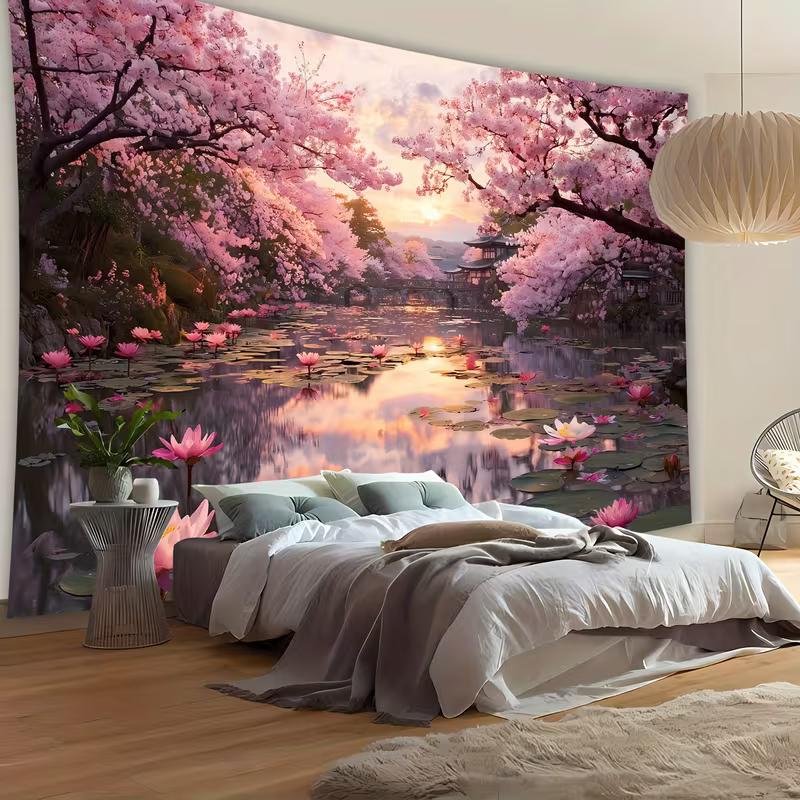 2D Spring Garden Tapestry, Colorful Flowers & Butterflies Wall Hanging