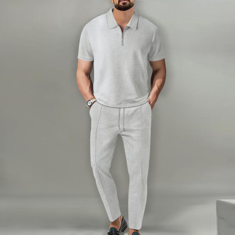 Men Spring Autumn New Solid Color Waffle Knit Collared Half Zip Polo Shirt Pants Set