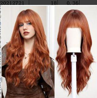 Cross-Border Water Wave Wigs European American Women s Fashionable Synthetic Hair Wig Brown Gradient Color Bangs Long Curly Hair (Orange,16 Inches)