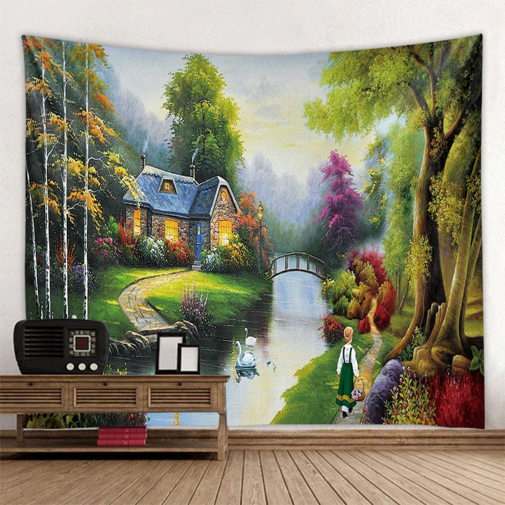 Landscape oil painting tapestry wall hanging forest yoga bed sheet blanket bedroom living room home decoration background poster