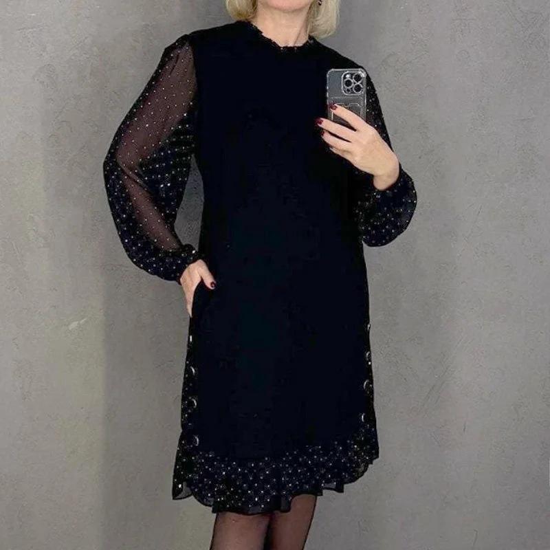 Cross2026 Autumn-Winter European & American Lace Patchwork Hot Drilling Round Neck Dress for Women
