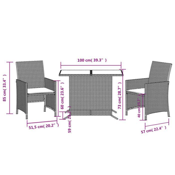VidaXL Ensemble de Bistro avec Coussins 3 pcs, Chaises et Table de Patio, Meubles de Terrasse Arrière-cour Extérieur, Gris 365125