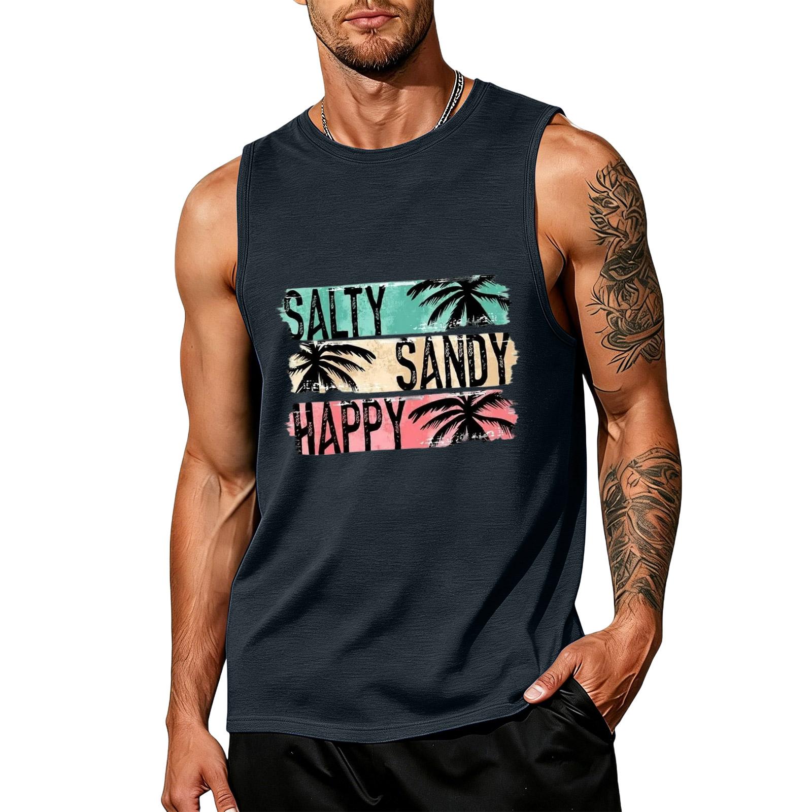 

Men’s Sleeveless Tank Top Crew Neck Casual Fit with Happy Letter Print and Tree Graphic for Summer Beach Wear XXXXXL тёмно-синий