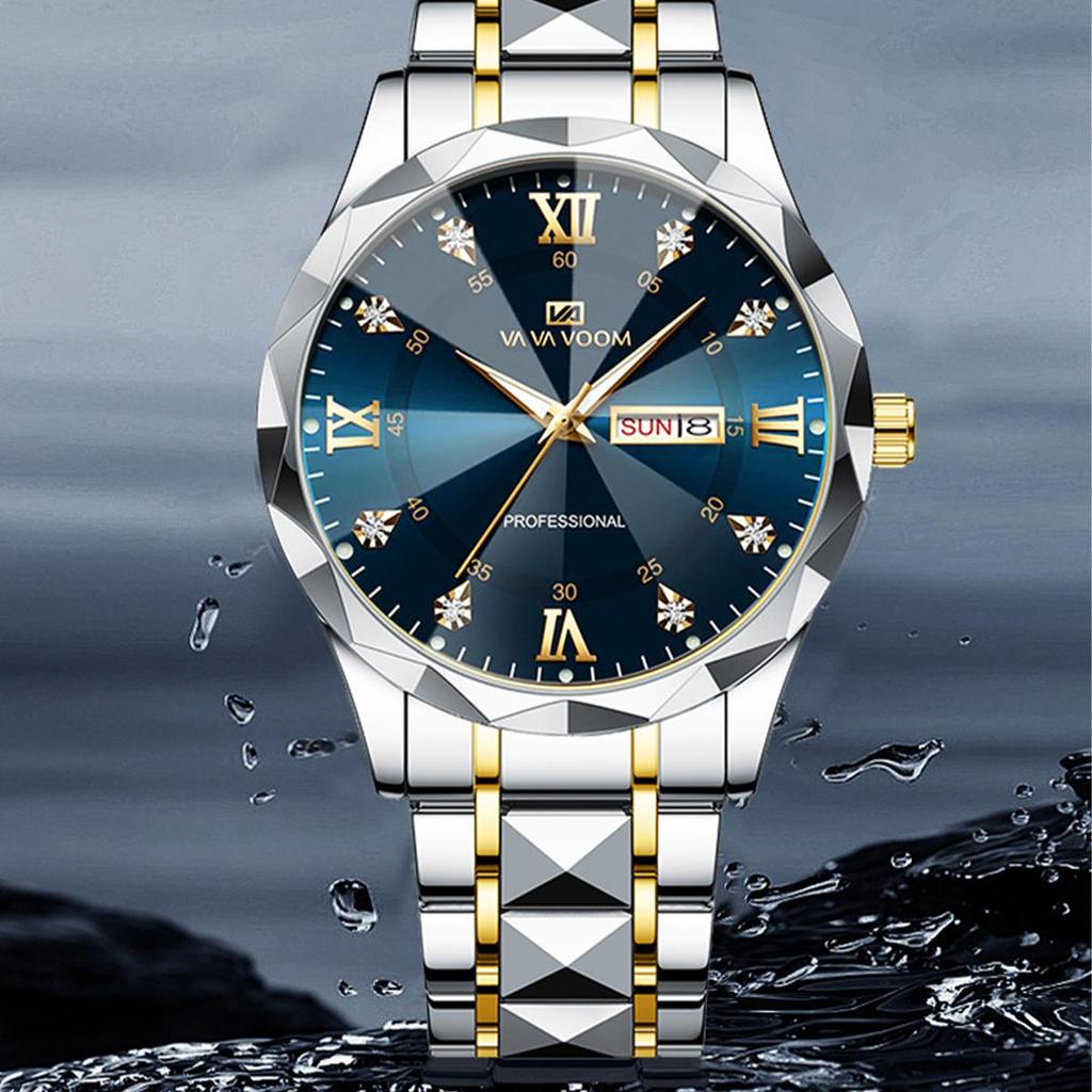 VA VA VOOM Luxury Men’s Quartz Watches Man 30m Waterproof Luminous Date Week Stainless Steel Men Watch Casual Sports Women Quartz Watches Male Clock