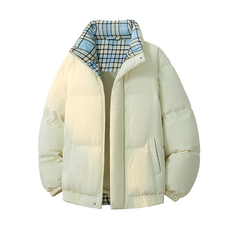 Unisex Winter Puffer Jacket Oversized Cotton Coat Stand Collar Plaid Print Warm Thick Outerwear Teens