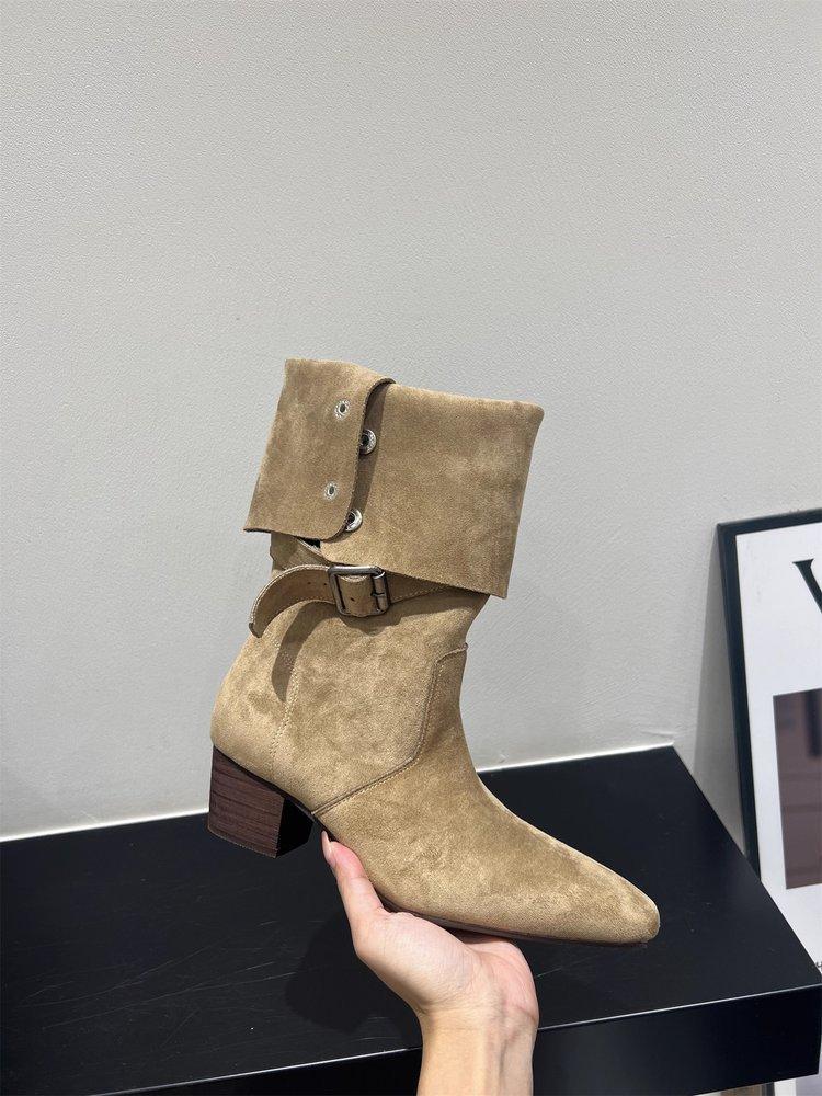 Frosted Leather Pointed Metal Buckle Niche Hottie Western Cowboy Boots Lapel Two Wear Martin Motorcycle Boots Women's Shoes