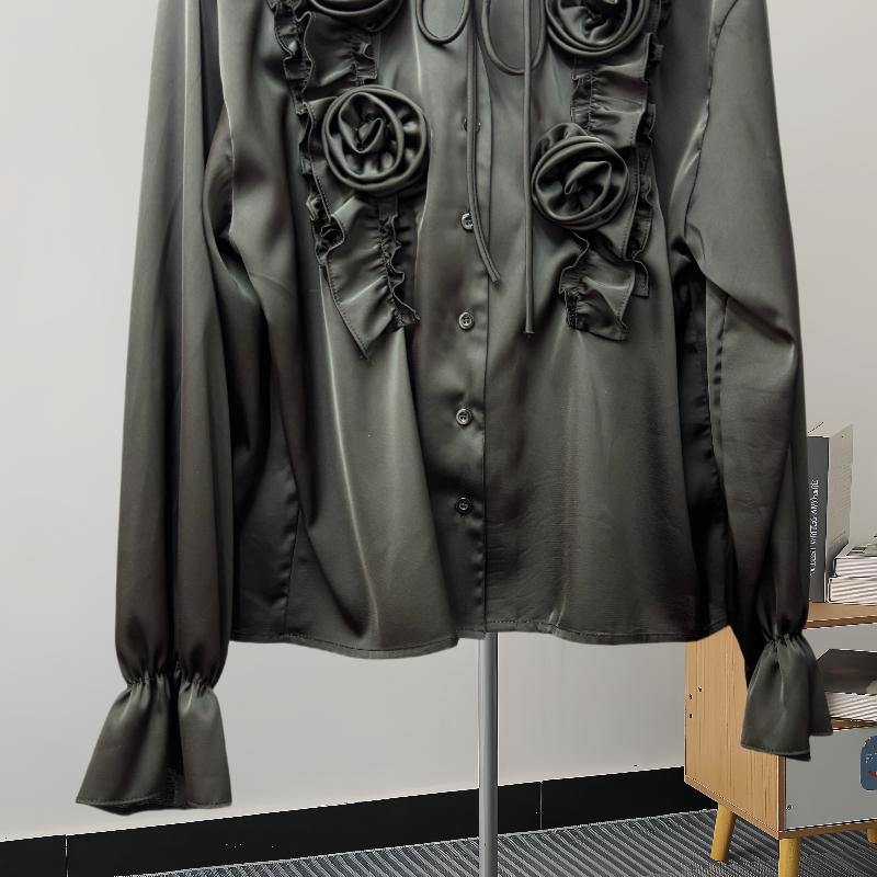 Fashion New Long Sleeve Loose Casual Shirt Women Elegant Solid Single Breasted Flowers Blouse Women Top Vintage Polo Collar Office Ladies Shirts 25807