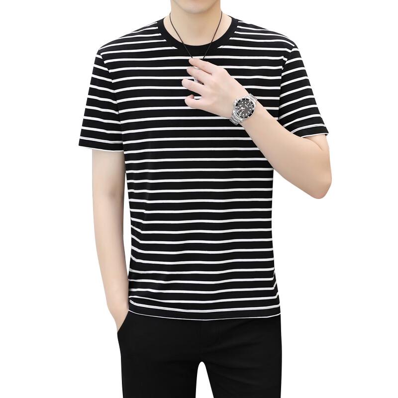 ROMON Men's Cotton Blend Striped Round Neck Short Sleeve T-Shirt
