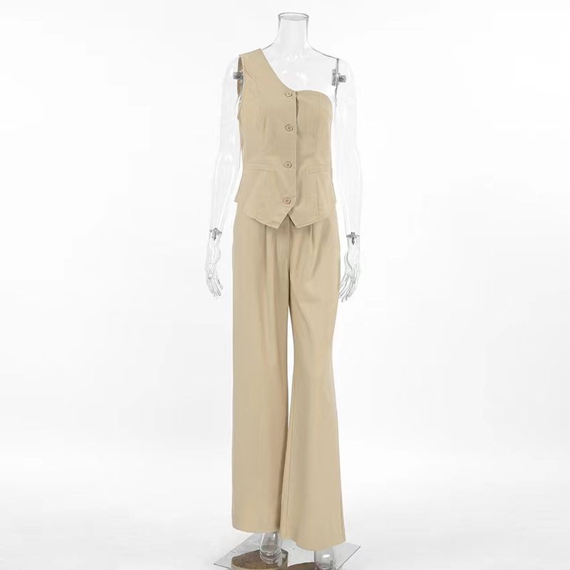 

Новая мода в западном стиле Однотонный комплект из двух предметов без рукавов с вырезом-лодочкой: жилет и брюки Khaki L