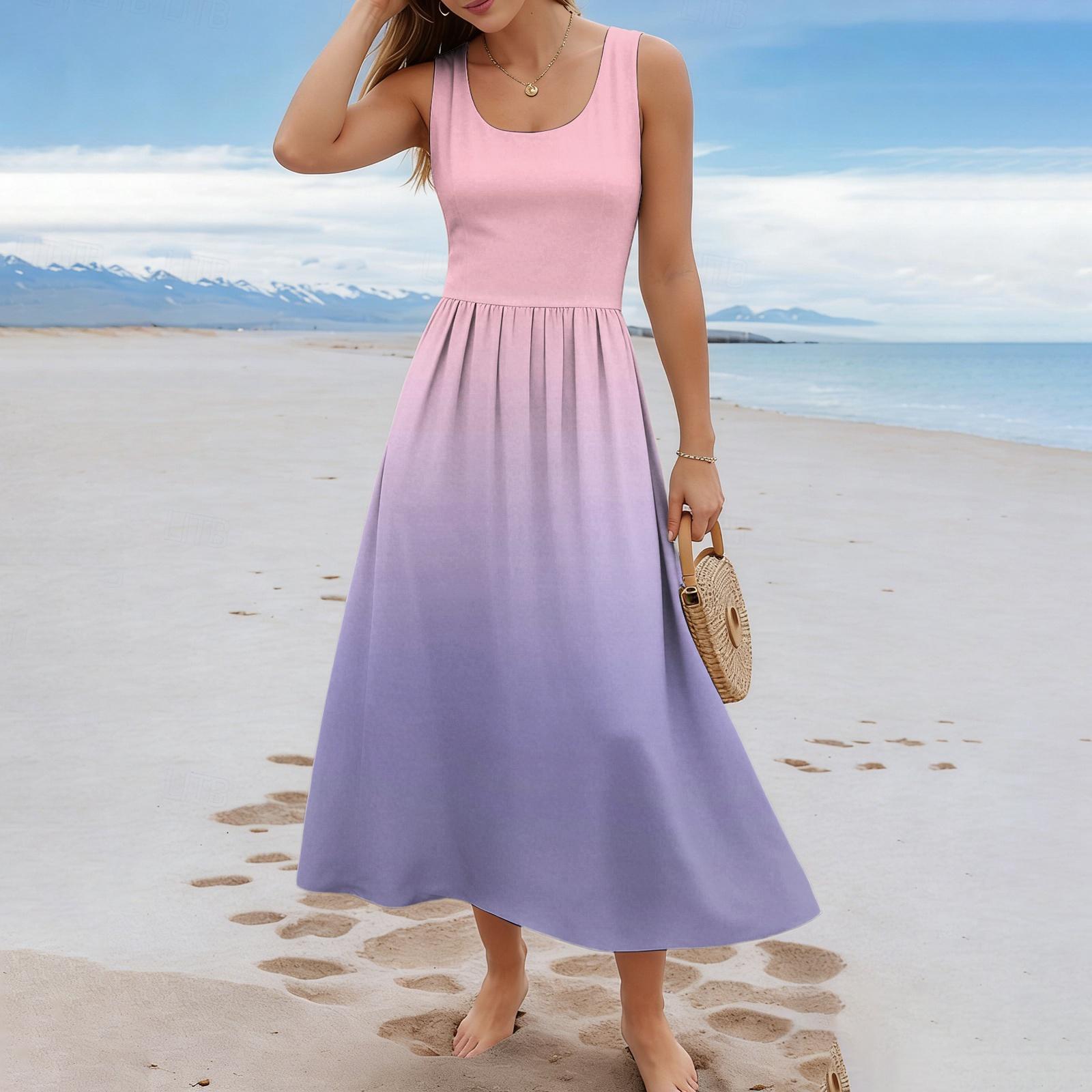 Ladies  gradient printed summer casual and fashionable sleeveless long dress XXL