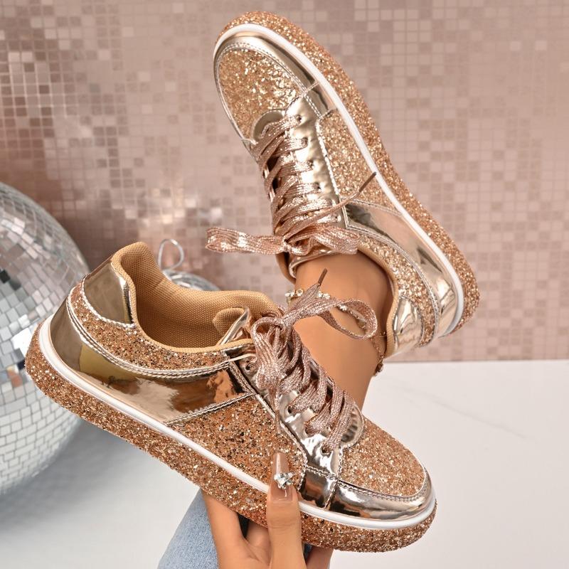 Fashion Fashion Flats Fall New Round Toe Spliced Front Lace-Up Sequin Platform Anti-Slip Wear-Resistant Single Shoes