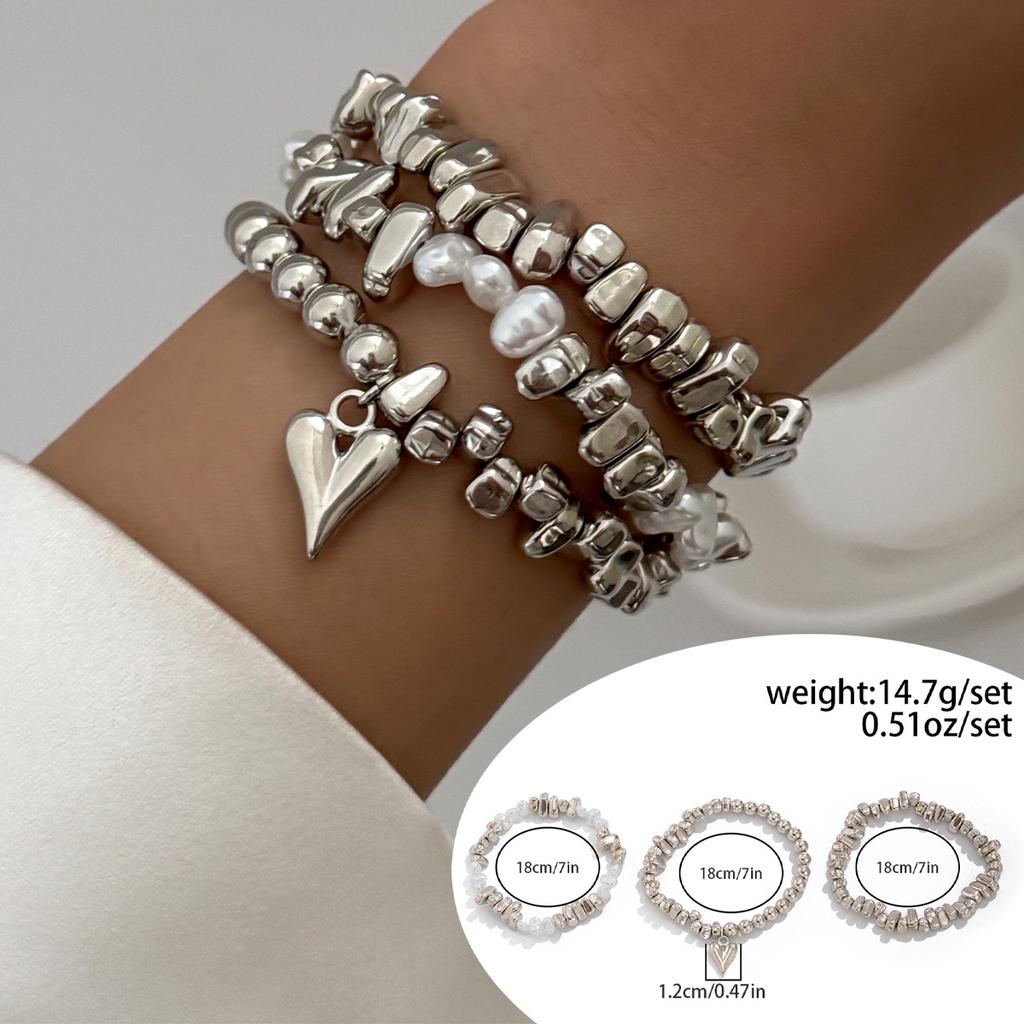 Sweet And Cool Wind Love Heart Pendant Bracelet, Irregular Design Ccb Beaded Elastic Bracelet.