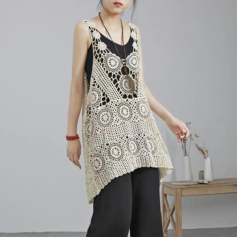 Women's Long Crochet Khaki Vest - Retro Loose Summer Waistcoat