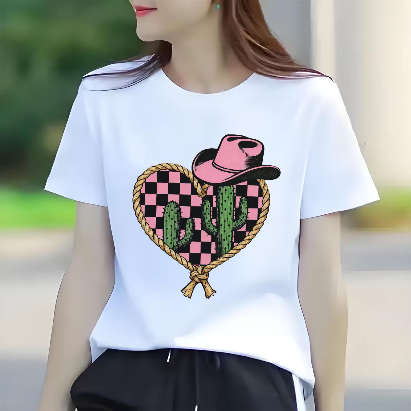 Retro Western Cowboy Hat Printed Womens Short sleeved Tshirt Summer Round Neck Suitable for Versatile Daily Use S