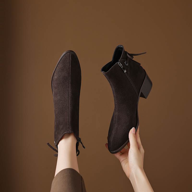 Krazing Pot Cow Suede Nubuck Round Toe Thick Heels Chelsea Boots Size 42 Slip on Women Butterfly-knot Ankle Boots