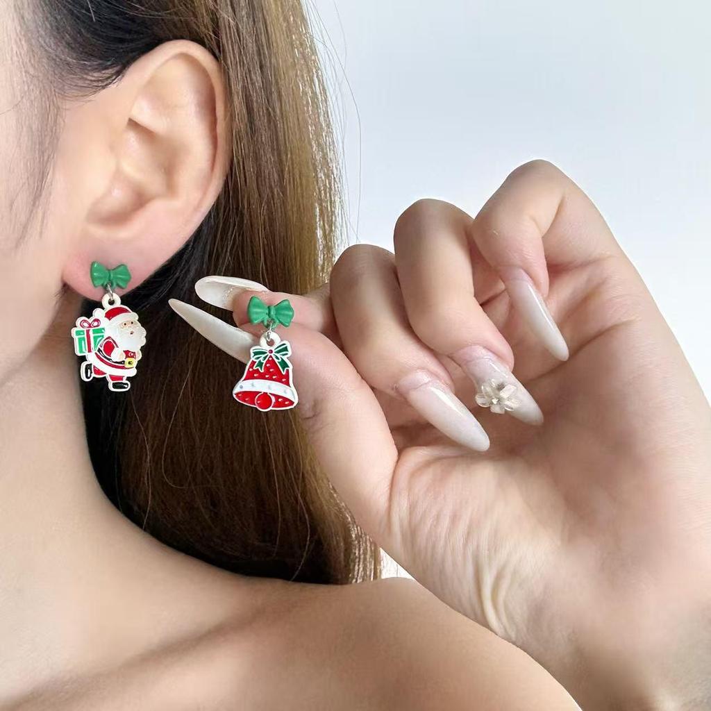 Creative Christmas Drip Oil Santa Bell Earrings for Women