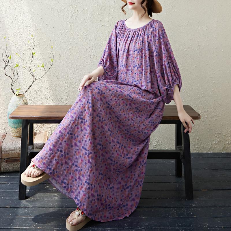 DIMANAF 2025 Plus Size Dress Women Summer Casual Vintage Floral Dress Basic Printing Long Beach Elegant Loose Dress