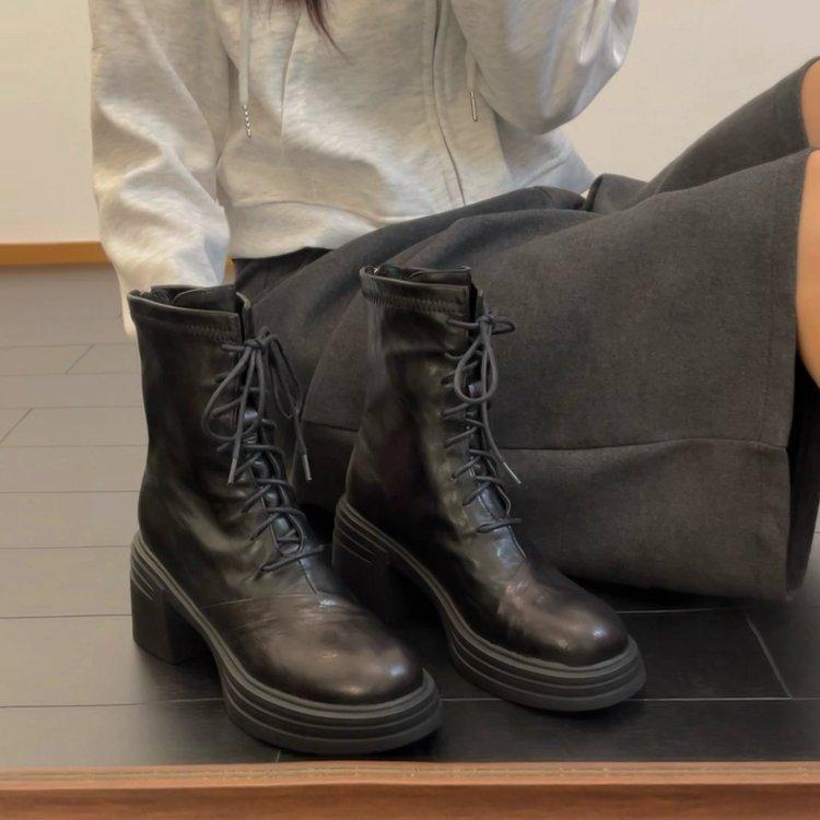 Blaue Schrank-Edition~ High Heel Dicke Sohle Vielseitiges Temperament Martin Stiefel Damen Weiches Leder Wasserdicht Tisch Schnürung Seitlicher Reißverschluss Elastisch Sh