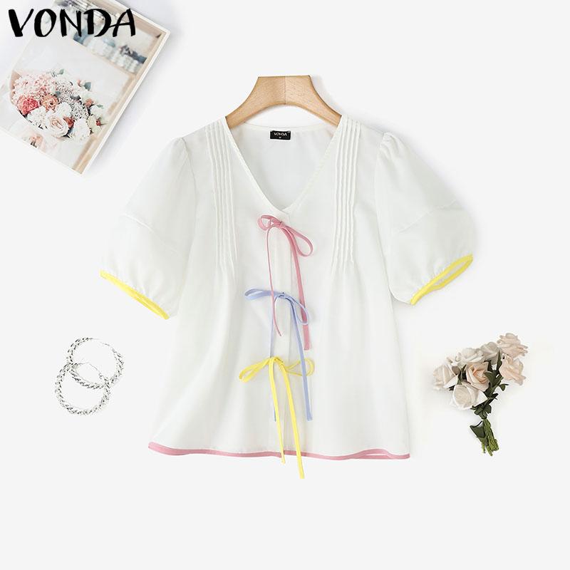 

VONDA Женская летняя блузка с V-образным вырезом, пышными рукавами, декоративной строчкой и бантом, повседневная, милая, короткая M белый