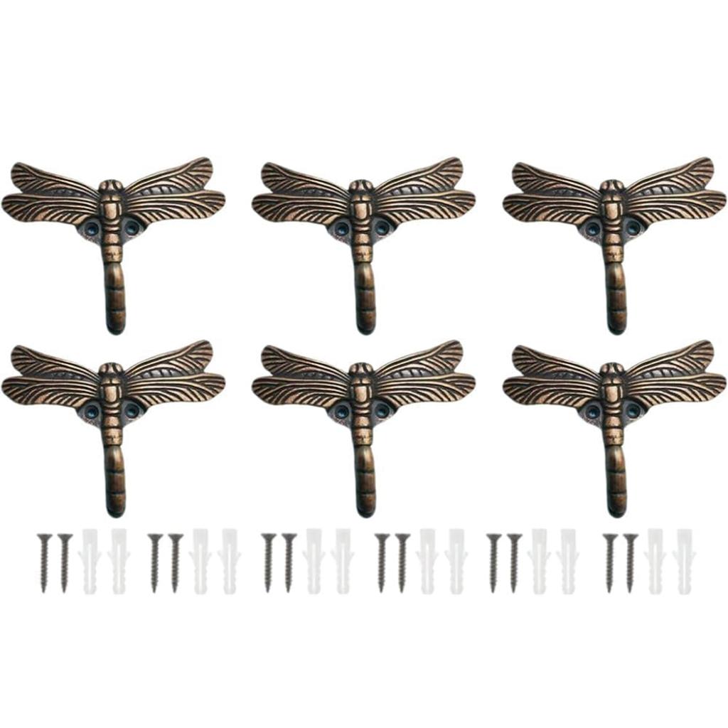 6 Pack Dragonfly Decorative Wall Hooks Decorative Mounted Hanger Vintage Coat Hooks for Coat Towel Robe Clothes Hats Bags Keys