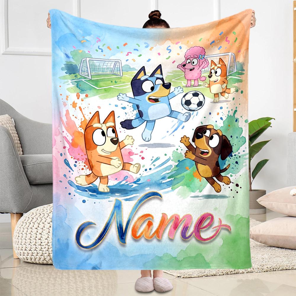 Soccer Fun Bluey Personalized Name Blanket Cozy Customizable Blanket Soft Warm Cozy for Seaside Office Picnics Couch for All Occasions