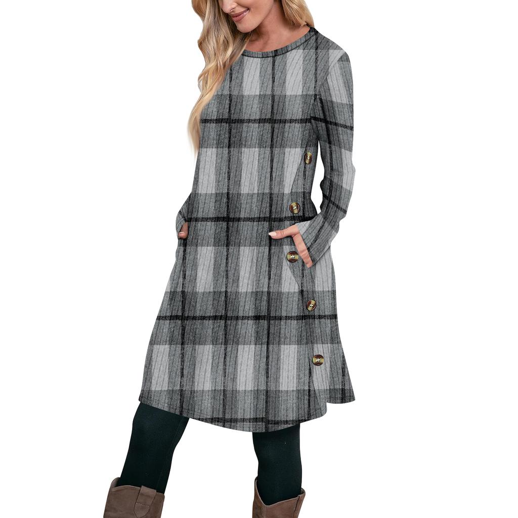 Women's Fashion Casual Long SleeveTunic Dress With Pockets Side Button Dress