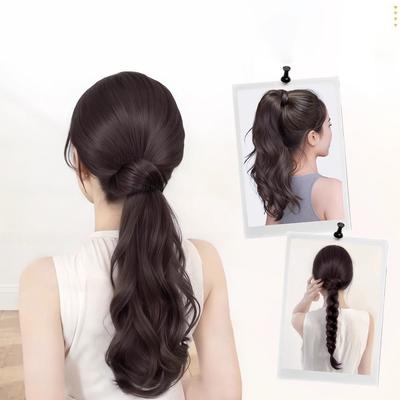 45cm Women Natural Synthetic Ponytail Braid Wig Clip Lazy Low-tied Fluffy Flower Bud Braid Hair Extension