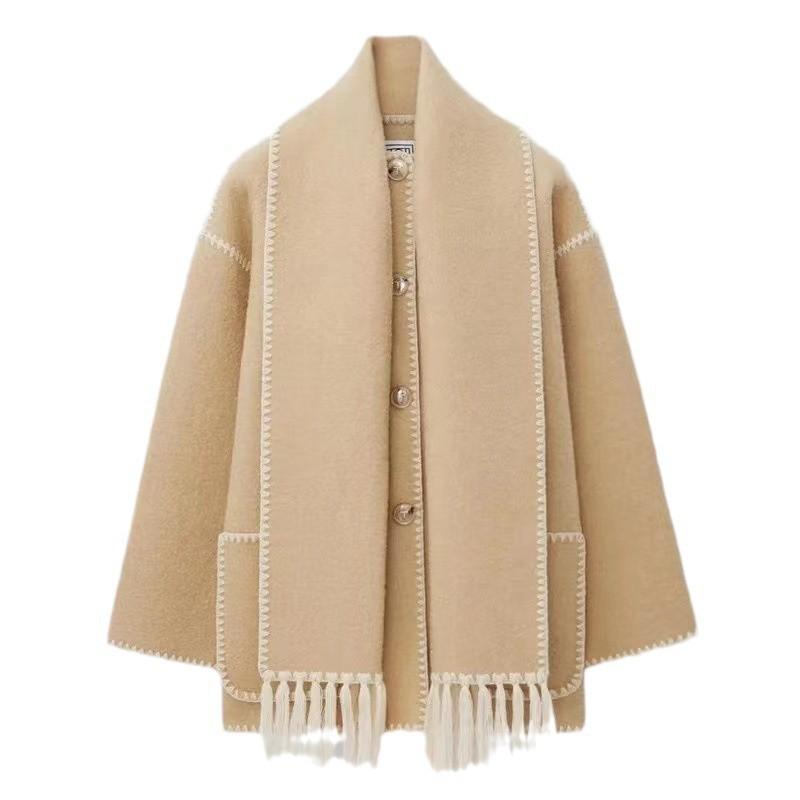2023 Autumn/Winter Women's Wool Coat with Scarf & Tassels - European & American Style, Thick & Loose.