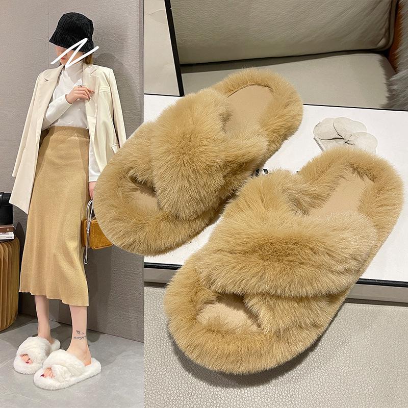 Women's Furry Platform Slippers - Thick Bottom Cross Strap for Autumn/Winter, Height-Increasing, Soft Cotton for Home or Outdoor Use