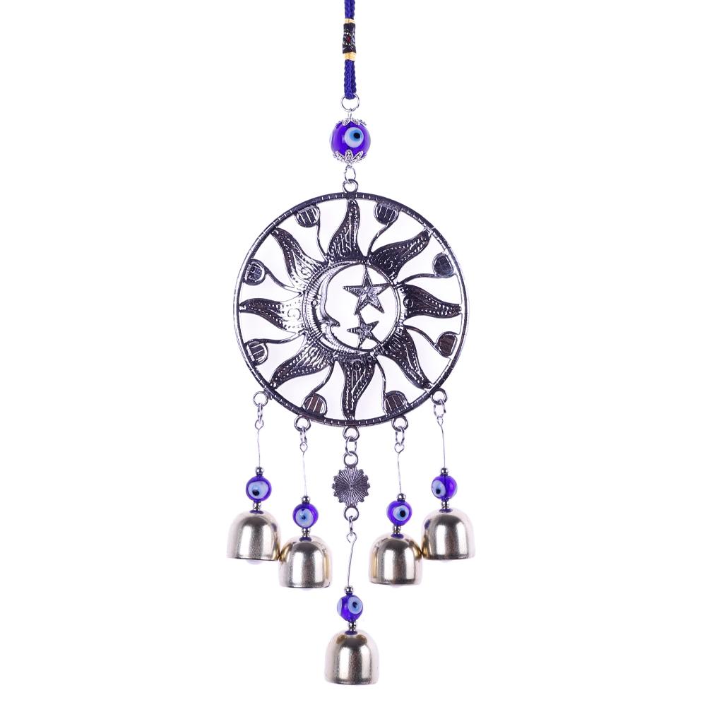 Turkiye Blue Eyes Alloy Sun Star Moon Pendant with Bell Charm Wind Chimes for Home Garden Hanging Wall Decoration Lucky Amulet